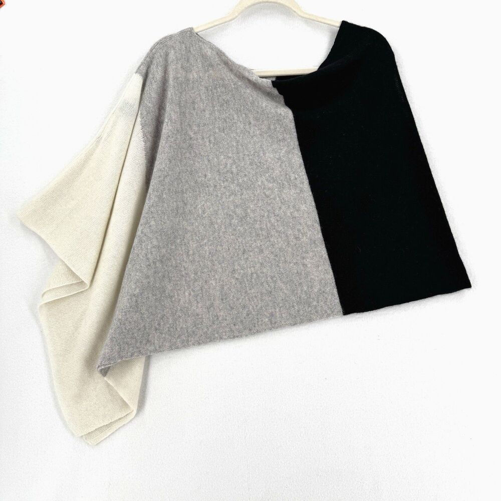 InCashmere 100% Cashmere Colorblock Poncho O/S Gray Black Ivory Quiet Luxury Top